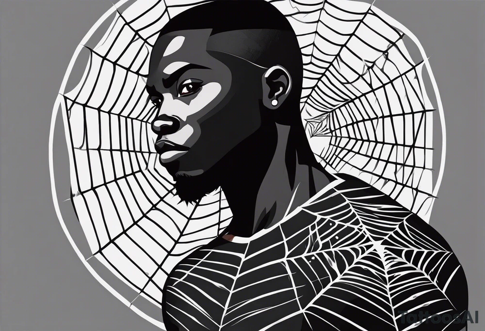Design a powerful inner bicep tattoo for a dark-skinned black male featuring Anansi the Spider from Ghanaian mythology. Anansi is depicted weaving a web made from bright, crackling lightning bolts. The web extends outward from the center of the design, creating an intricate, flowing pattern. The lightning web should be sharp and dynamic, symbolizing energy and power, while Anansi sits calmly at the center, representing wisdom and control.

The spider should have a stylized, bold appearance, with strong, clean lines that stand out on dark skin. The lightning bolts in the web should feature bright, vivid colors like electric blue or white, contrasting well against the dark skin tone. Surrounding the web, subtle clouds or storm elements should fade into the background to create depth and dimension without overpowering the central design. Ensure that the web and lightning bolts are the primary focus, with fine detail that reflects both strength and intellect.” tattoo idea
