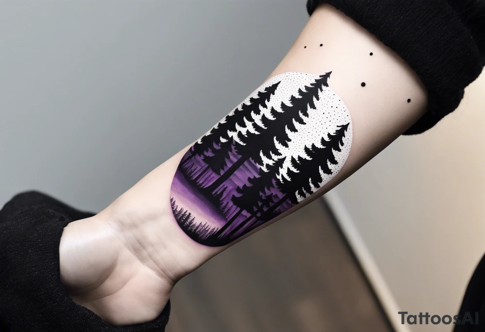 forest, abstract, on hand, no people, purple and black, full, whole wrist wrapped, filled, blackwork tattoo idea
