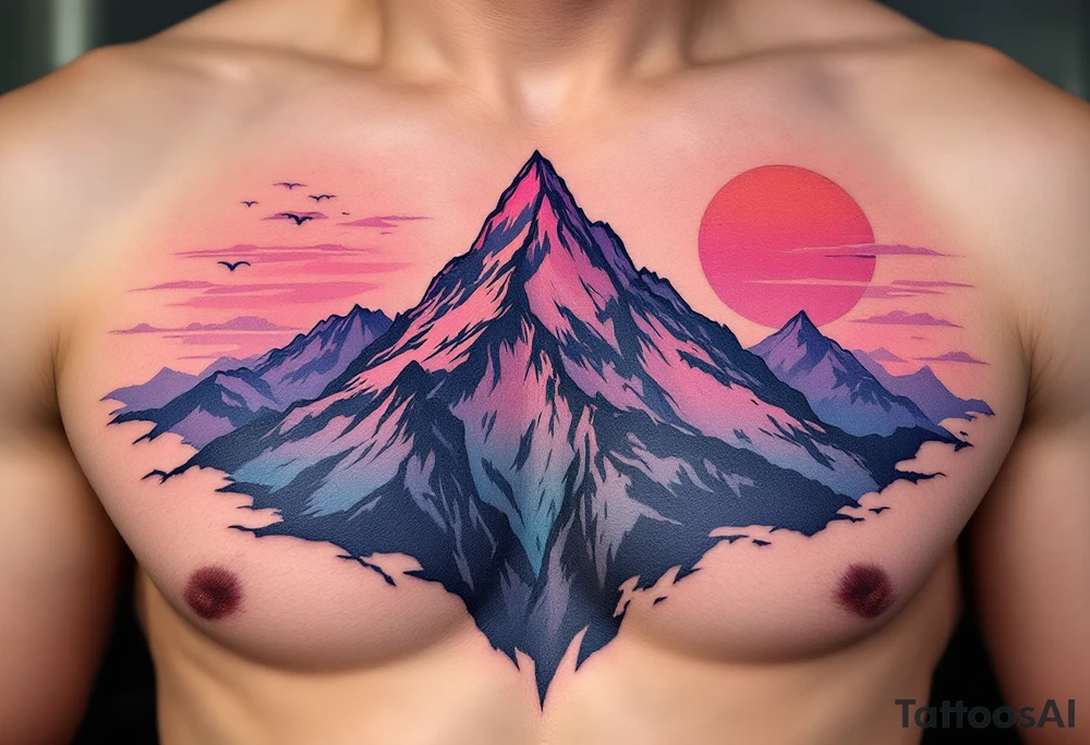 A mountain peak forming the numbers of a clock, bathed in sunrise pinks and purples, representing the climb through life’s challenges. tattoo idea