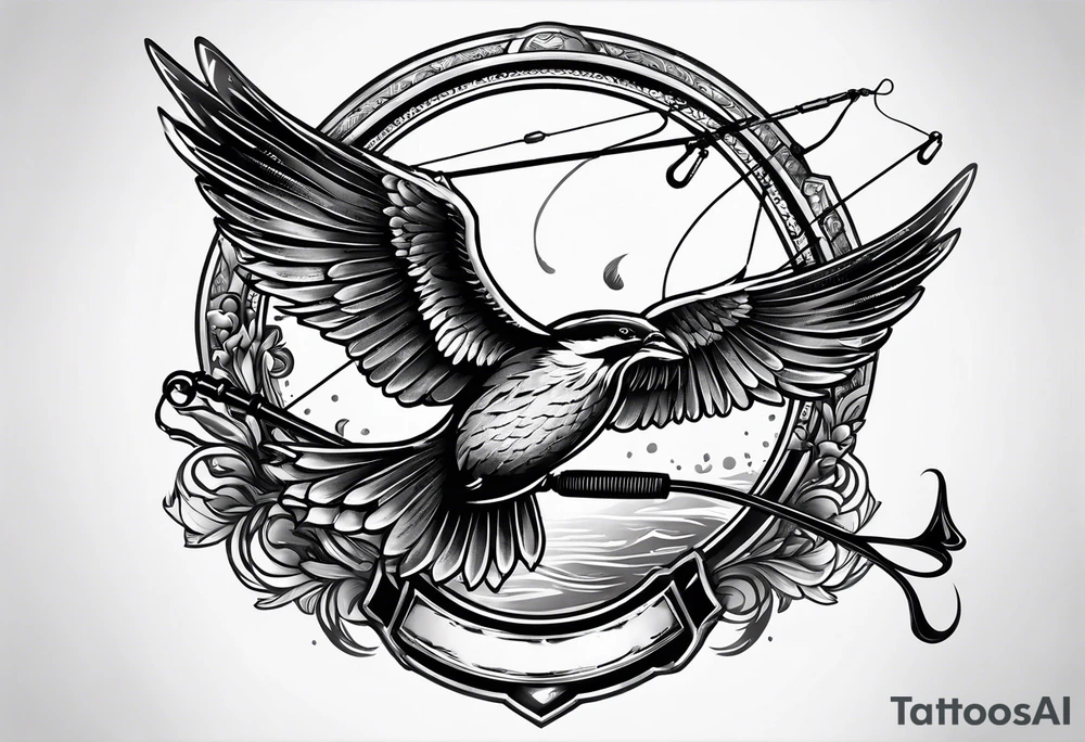 fishing pole and hook with halo and wings tattoo idea