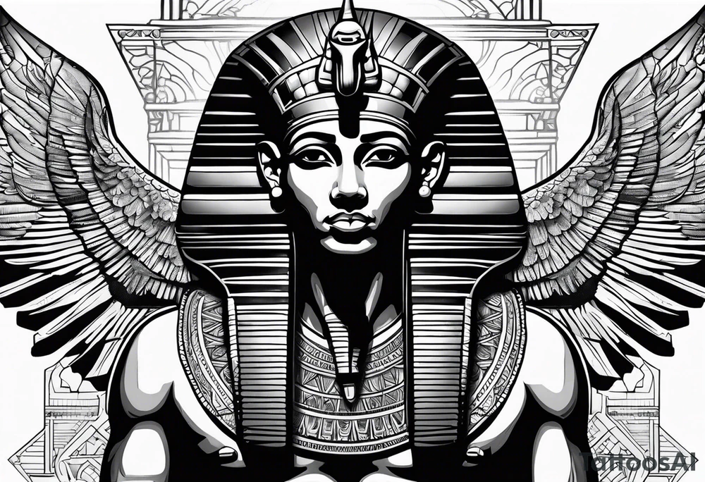 Egyptian god with wings overlooking the pyramids with a goddess face underneath tattoo idea