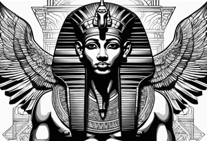 Egyptian god with wings overlooking the pyramids with a goddess face underneath tattoo idea