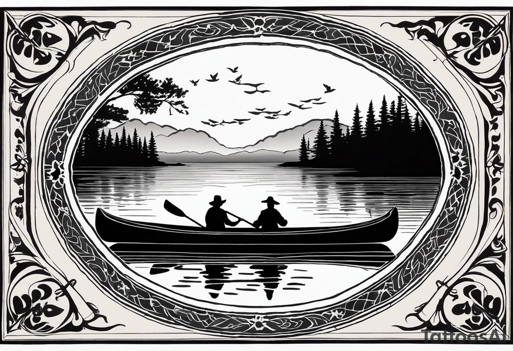 The tattoo design depicts a serene nature scene, framed within a semi-circular border. In the foreground, there are two people sitting in a canoe on a calm lake. They are paddling towards the horizon, with one person sitting at the back of the canoe and the other at the front. The back view of the people suggests a peaceful and contemplative moment shared between them.

In the background, there are majestic mountains with peaks covered in snow, creating a dramatic and picturesque landscape. The mountains are flanked by tall pine trees on either side, adding to the wilderness feel of the scene. Above the mountains, a large sun is either rising or setting, casting a tranquil glow over the entire scene. Birds are flying in the sky, adding to the sense of freedom and natural beauty.

The entire scene is rendered in a minimalist, black and white, line-drawing style, giving it a clean and elegant appearance. The semi-circular frame around the design focuses attention on the central elements and adds a sense of completeness to the image. black and white tattoo idea
