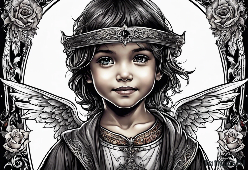 Kid smiling looking up at angel of death tattoo idea