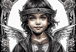 Kid smiling looking up at angel of death tattoo idea