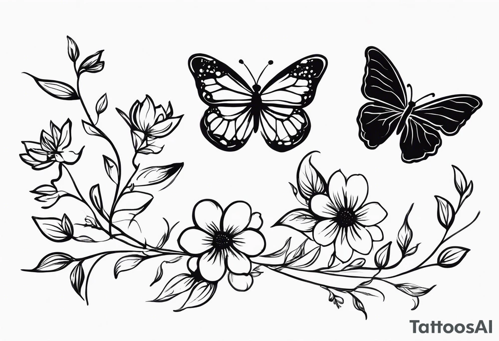 vine with the birth flowers of february, july, oct , may ,december , and september and three butterflies tattoo idea