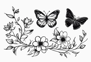 vine with the birth flowers of february, july, oct , may ,december , and september and three butterflies tattoo idea