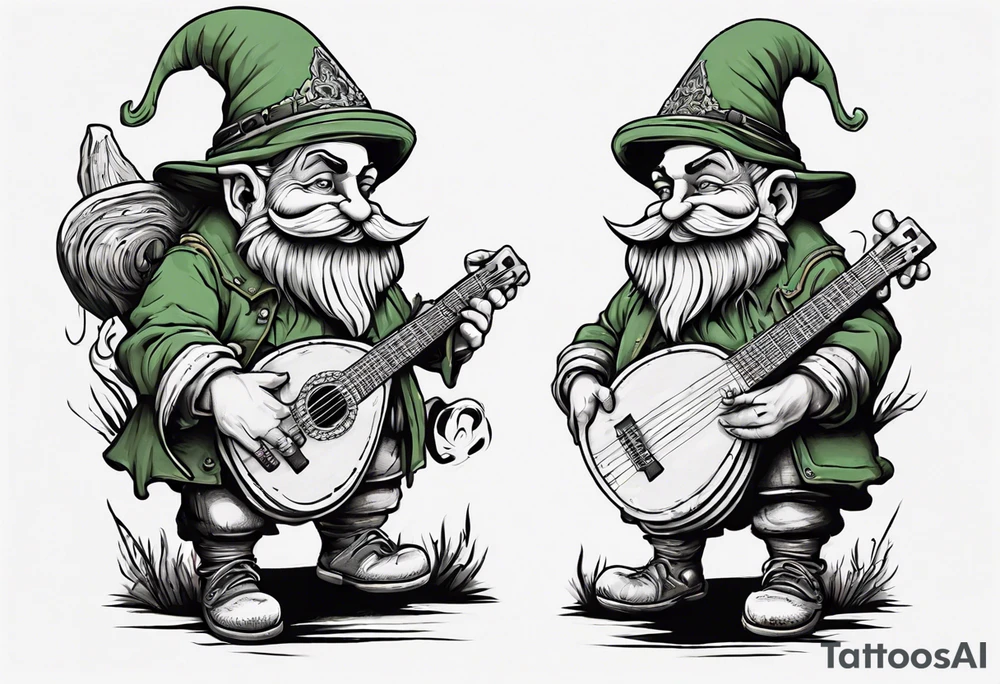 a 4 foot moss green deep gnome with handlebar mustache with a lute serenating a crowd in a small town square tattoo idea