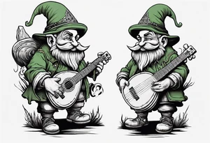 a 4 foot moss green deep gnome with handlebar mustache with a lute serenating a crowd in a small town square tattoo idea