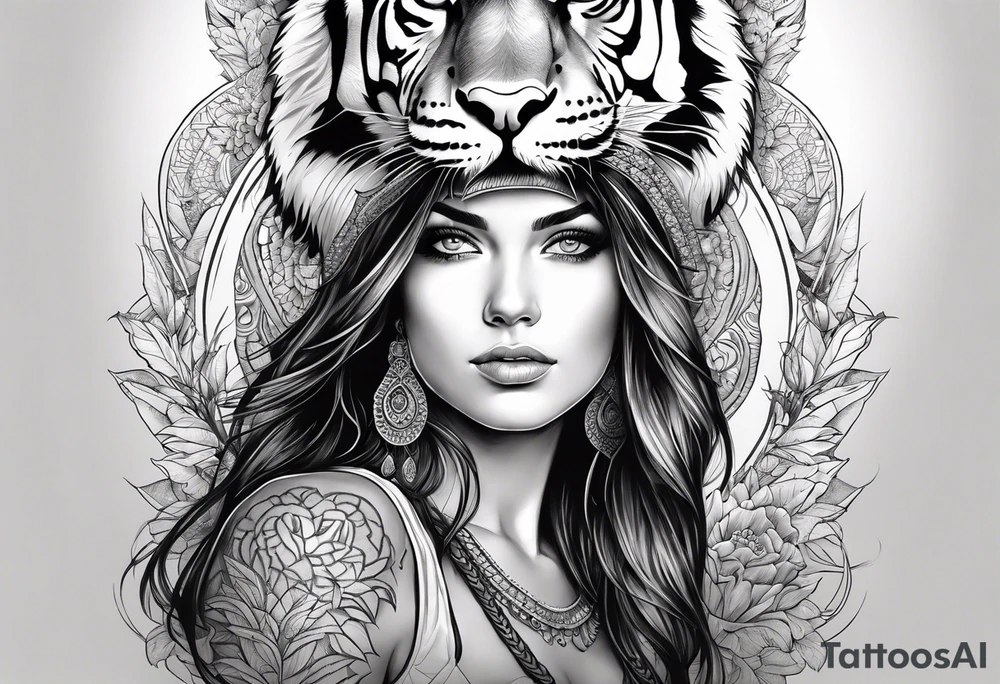 attractive brunette girl with blue eyes with tiger headdress tattoo idea