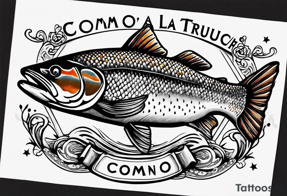 A small tattoo with a shaded trout and text that says, 'Como la trucha...' drawn with fine lines." tattoo idea