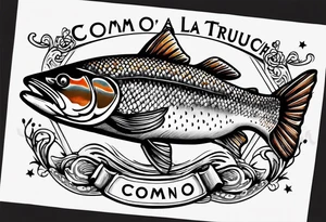 A small tattoo with a shaded trout and text that says, 'Como la trucha...' drawn with fine lines." tattoo idea
