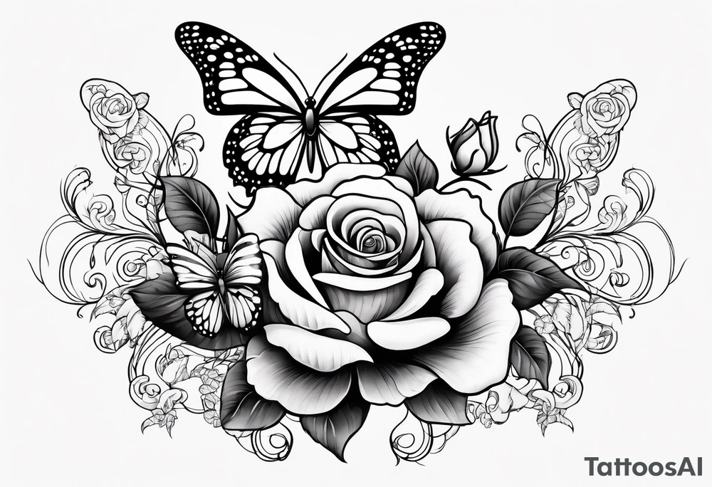 Butterfly flying with roses & filligree tattoo idea