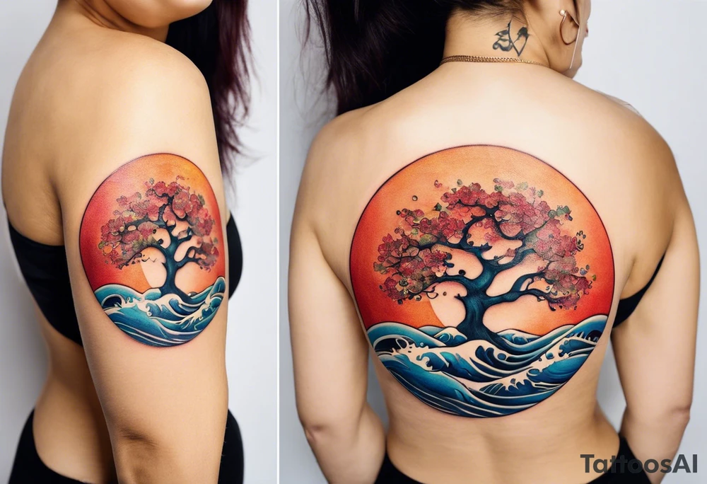 A tattoo of an abstract Tree of Life tattoo to be placed directly on the bicep of a woman. It can wrap around the arm a little. It should have roots growing out of the bottom. The roots slowly turn into water from the Great Wave by Hokusai. A golf flag should be placed discreetly growing out of the ground. 2 license plate tags should be hanging from the tree. Place a few music notes in the areas the leaves should be. The letters A U should be engraving into the tree trunk in a heart. tattoo idea