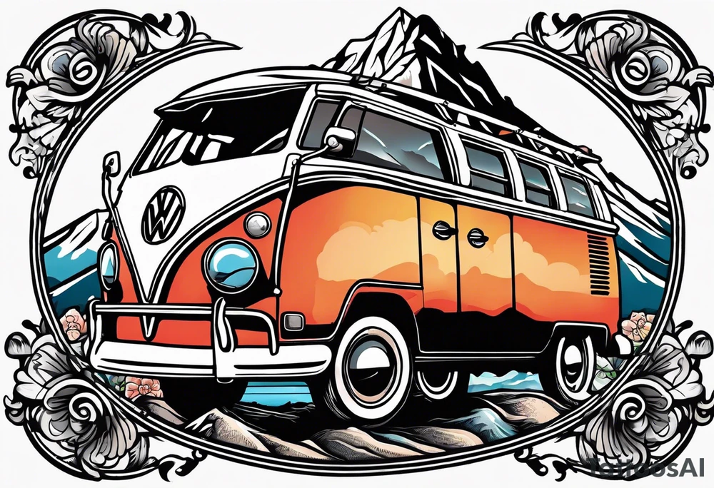 directional Compass, mountains and VW Komi campervan tattoo idea