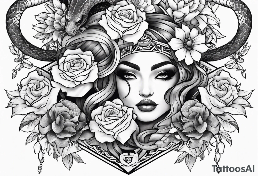 large thigh tattoo with a snake rapping around flowers tattoo idea