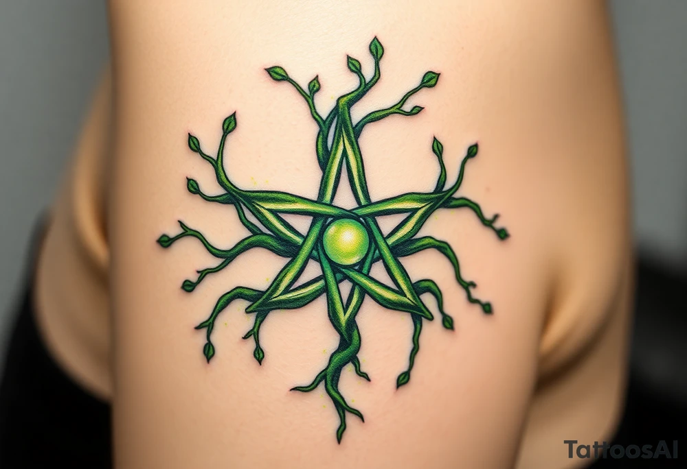 A nature-inspired pentagram made of twisted roots, with glowing green veins pulsing with life. tattoo idea