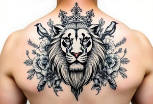 powerful majestic lion with a crown, surrounded by floral ornaments and birds tattoo idea