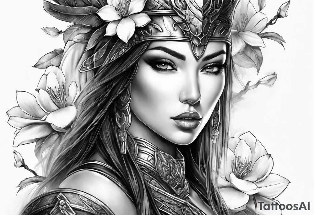 female warrior face with magnolias tattoo idea