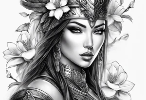 female warrior face with magnolias tattoo idea