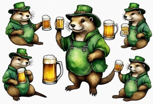 a medieval fat otter wearing green overalls and a tattered hat drinking from a stein of beer tattoo idea