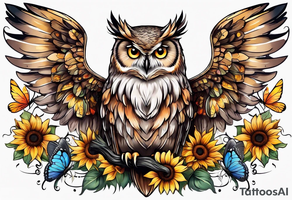 Owl with angel wings surrounded by sunflowers and butterflies sleeve tattoo idea