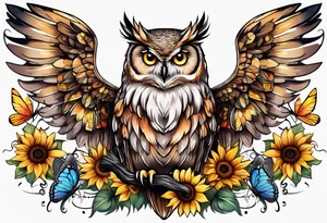 Owl with angel wings surrounded by sunflowers and butterflies sleeve tattoo idea