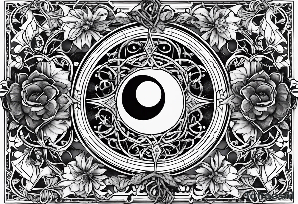 sleep token runes in the middle of a moon with tangled vines at the bottom with a dagger and flowers below it tattoo idea