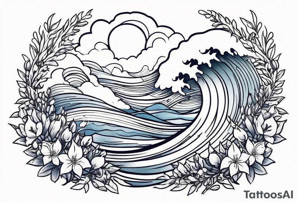 ocean wave surrounded by lupin and fireweed vines tattoo idea