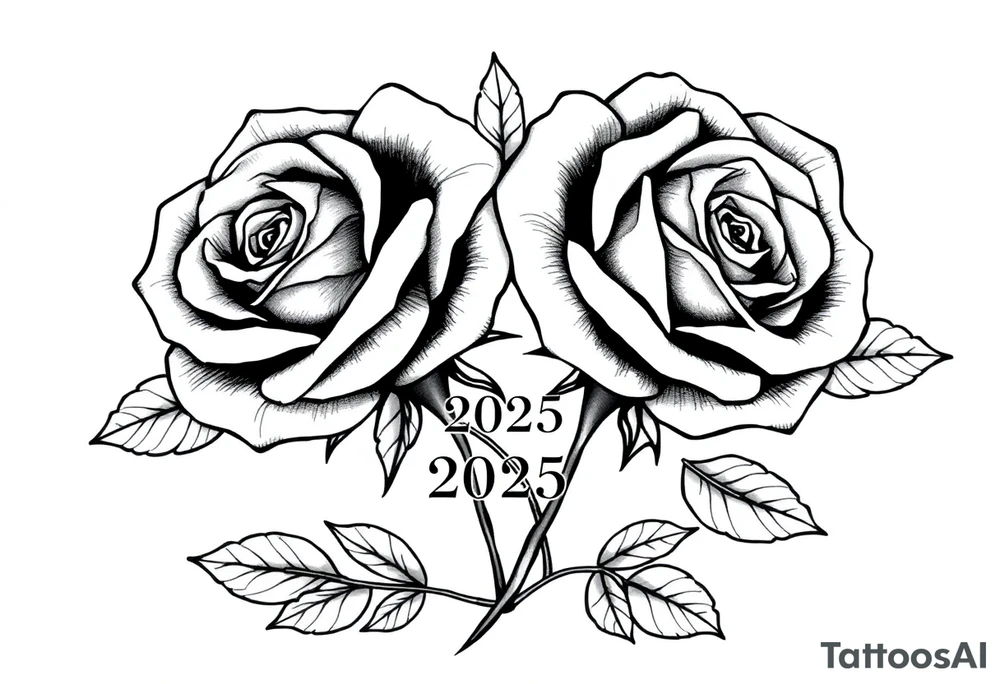 two big beautiful roses with their stems intertwined, separated by "2025" noted between them tattoo idea