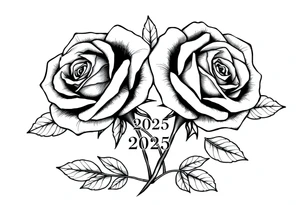 two big beautiful roses with their stems intertwined, separated by "2025" noted between them tattoo idea