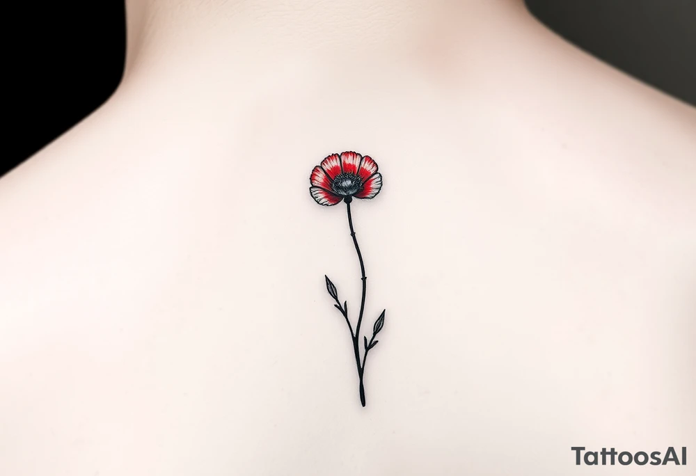 Single line drawing, artsy style, poppy growing up from cracks in pavement red watercolor airbrush on poppy only back of ankle/heel or back of upper arm, more artistic rendering of cracks, very minimal/simplistic design tattoo idea