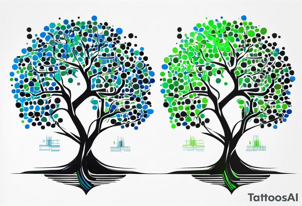 B-tree algorithm with binary code in black, blue and green colors tattoo idea