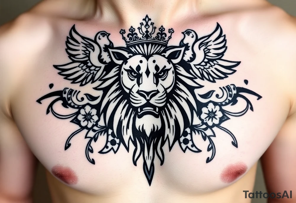 powerful majestic lion with a crown, surrounded by floral ornaments and birds tattoo idea