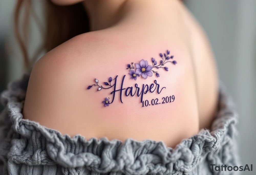 Hana 10. 02. 2019) – Soft violet and lilac flowers winding around Harper's birthdate, with subtle silver details. tattoo idea