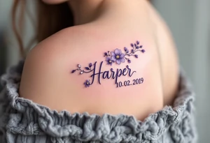 Hana 10. 02. 2019) – Soft violet and lilac flowers winding around Harper's birthdate, with subtle silver details. tattoo idea