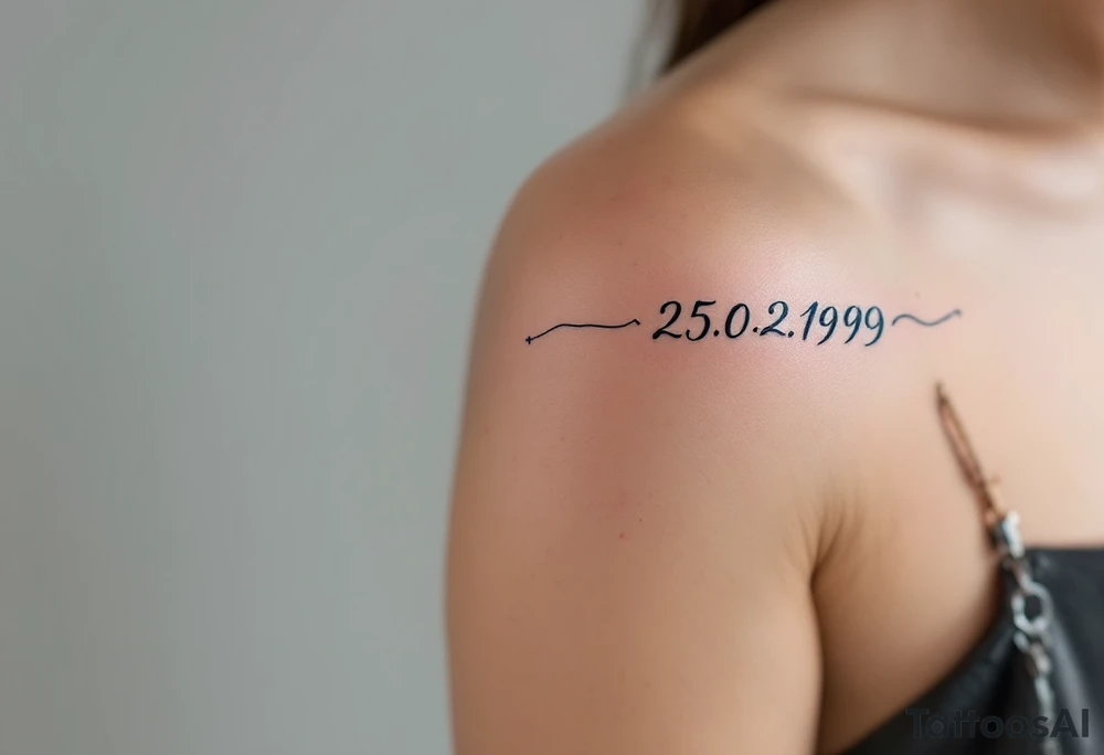 Cursive date 25.02.1999 flowing along the spine in cool gray with a hint of icy blue. tattoo idea