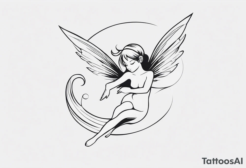 Minimalistic, monochromatic fairy with a tail flying to the left in a fetal position, leaning and looking in the same direction, with visible hands, embodying the 'Fairy Tail' logo aesthetic. tattoo idea