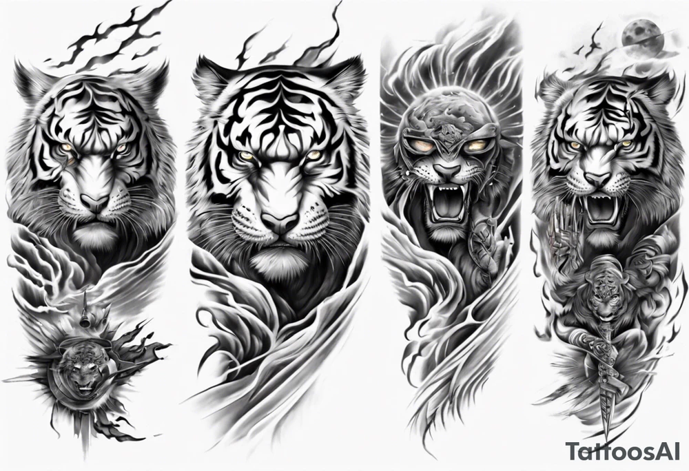 Tiger Warrior sleeve tattoo with lightning and the sun
Forearm sleeve tattoo idea