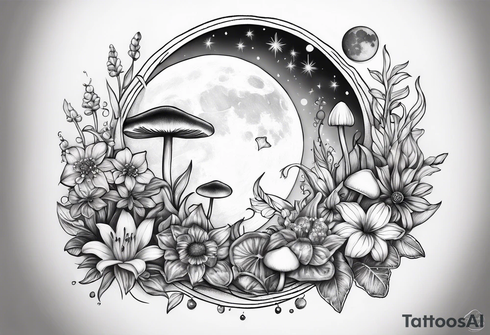 moon with crystals, mushrooms, and lily’s and daisy’s tattoo idea
