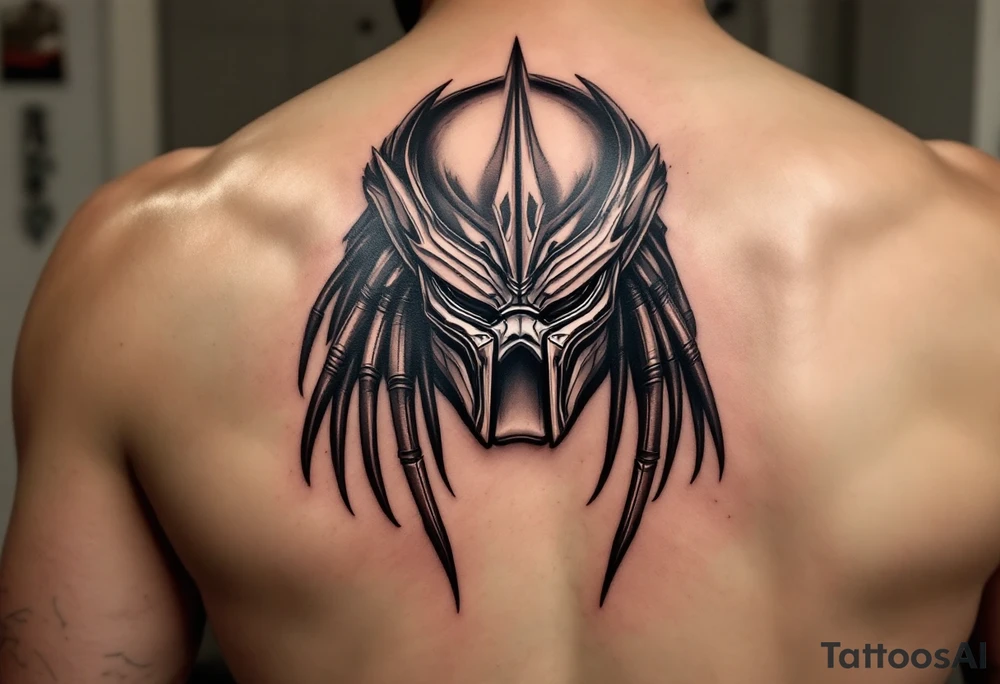 Shadow Spear Predator – A master assassin among the Yautja, featuring midnight-black skin, matte dark silver armor, and a smooth, featureless bio-mask that absorbs light. Specializes in silent takedowns and close combat. tattoo idea