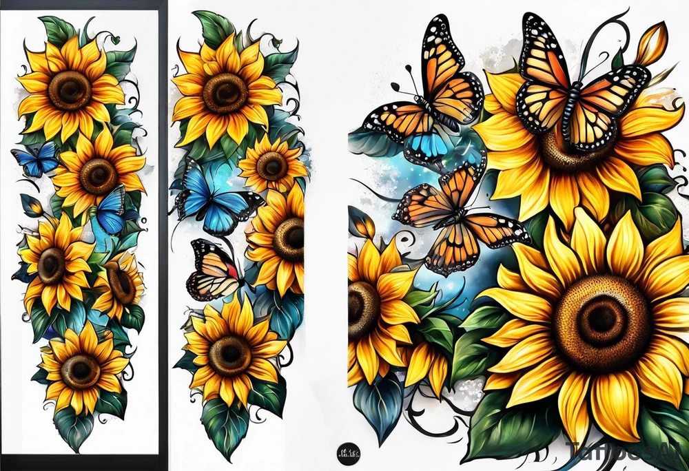 Arm sleeve with sunflowers and butterflies tattoo idea