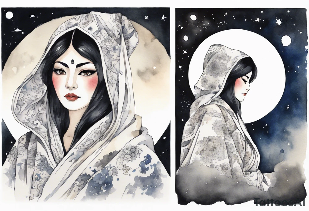 a watercolor of a beautiful 45-year-old Persian woman wearing black and white cloak with the night sky in the background tattoo idea