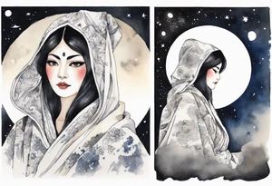 a watercolor of a beautiful 45-year-old Persian woman wearing black and white cloak with the night sky in the background tattoo idea