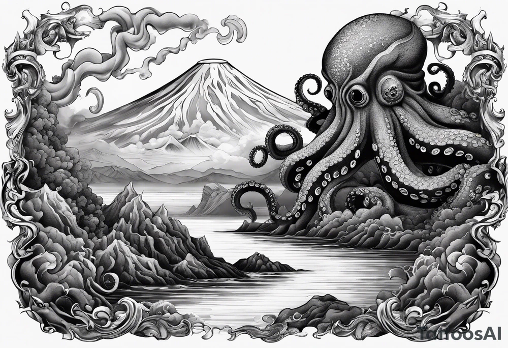 Octopus, volcano eruption, broken bridge tattoo idea Octopus, volcano eruption, broken bridge tattoo idea