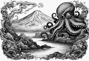 Octopus, volcano eruption, broken bridge tattoo idea
