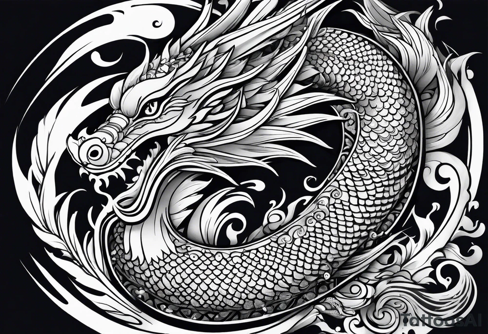 Asian Māori dragon, koi, water, black, shoulder tattoo idea