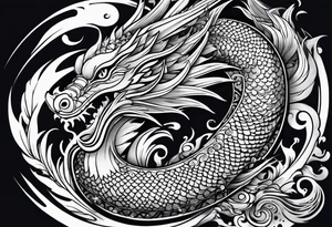 Asian Māori dragon, koi, water, black, shoulder tattoo idea