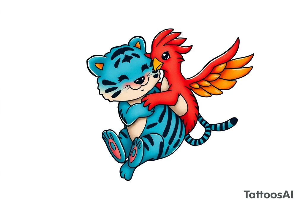 an adorable red phoenix and blue tiger playing together. tattoo idea