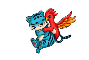 an adorable red phoenix and blue tiger playing together. tattoo idea